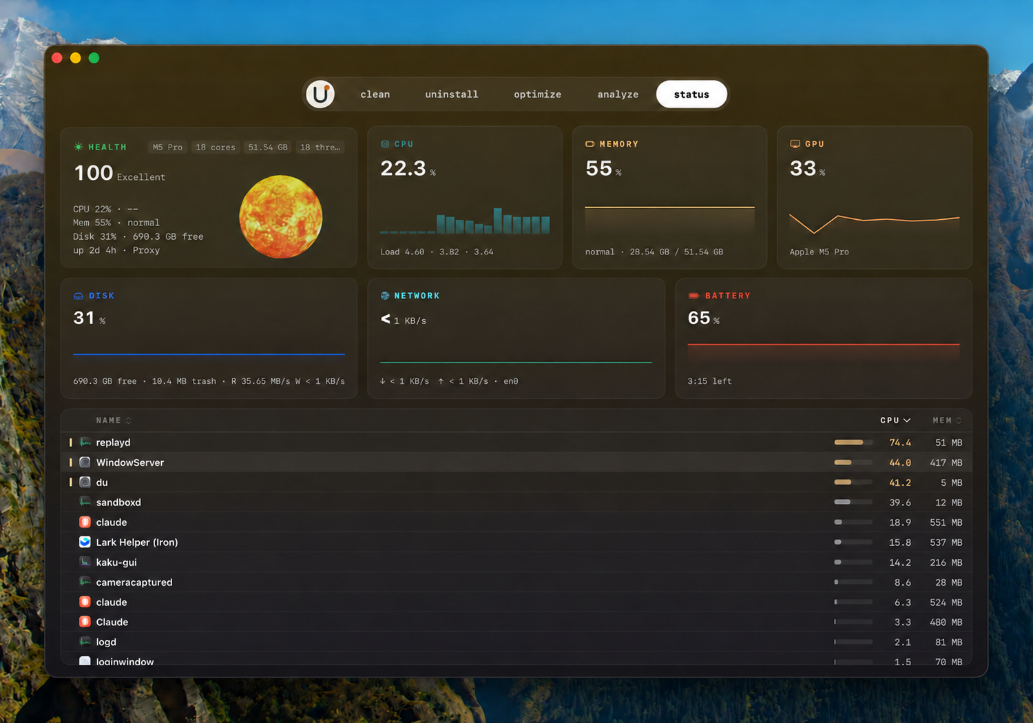 Status dashboard with CPU, memory, GPU, disk, network, battery, and processes
